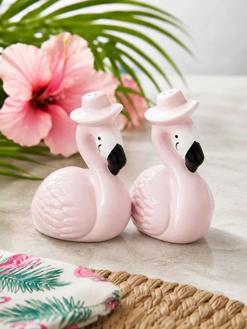 Pink Flamingo Salt & Pepper Shakers Set Ceramic Tropical New in Box